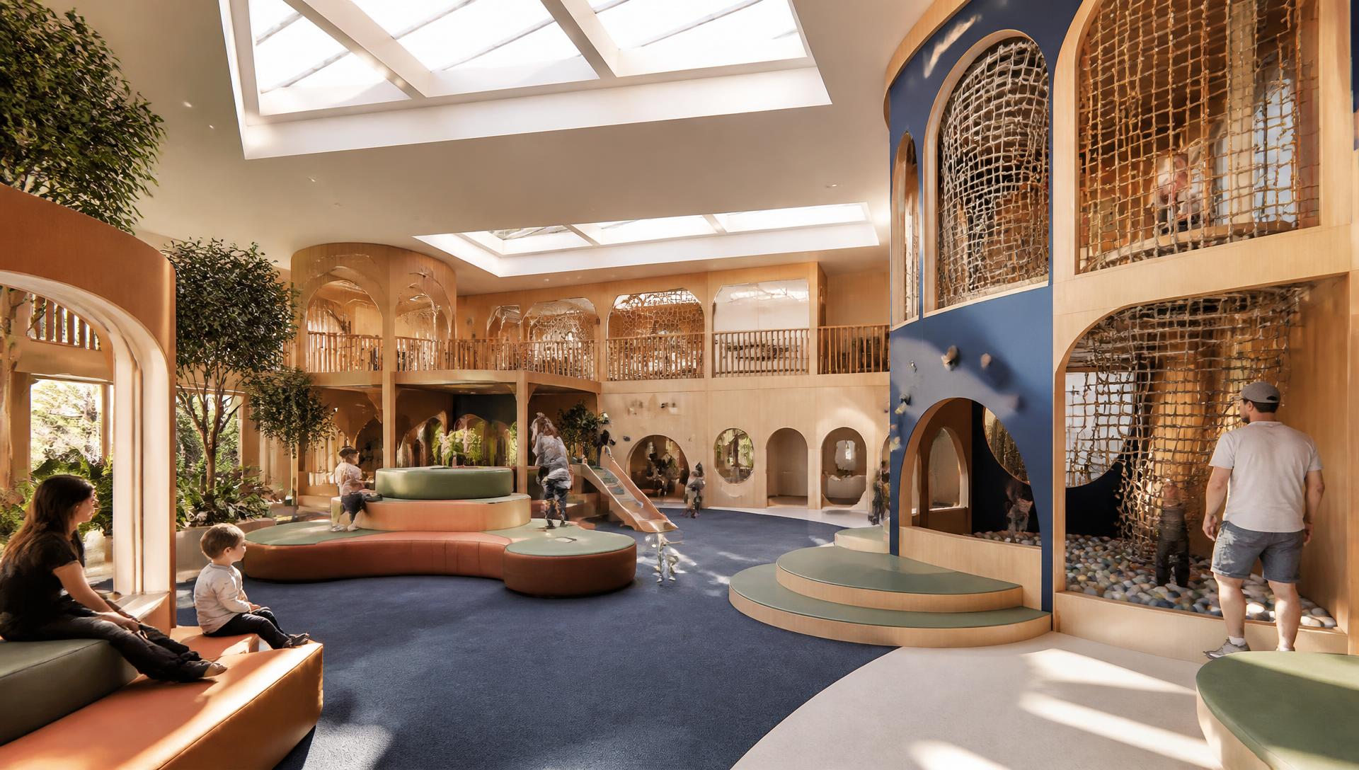 Espace de jeux indoor contemporain pour enfants, avec arches en bois, modules souples et lumière naturelle